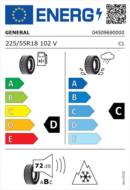 Tyre Label for General Snow Grabber Plus 225/55R18 102V