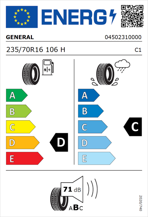 Tyre Label for General Grabber GT 235/70R16 106H
